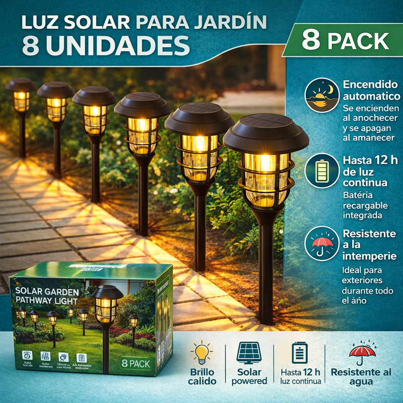 Lampara Solar Para Césped Tipo Estaca LED. (Pack De 8) Lampara Negra Con Panel Solar Integrado. Para Jardín. (Luz Cálida). Foco TU058