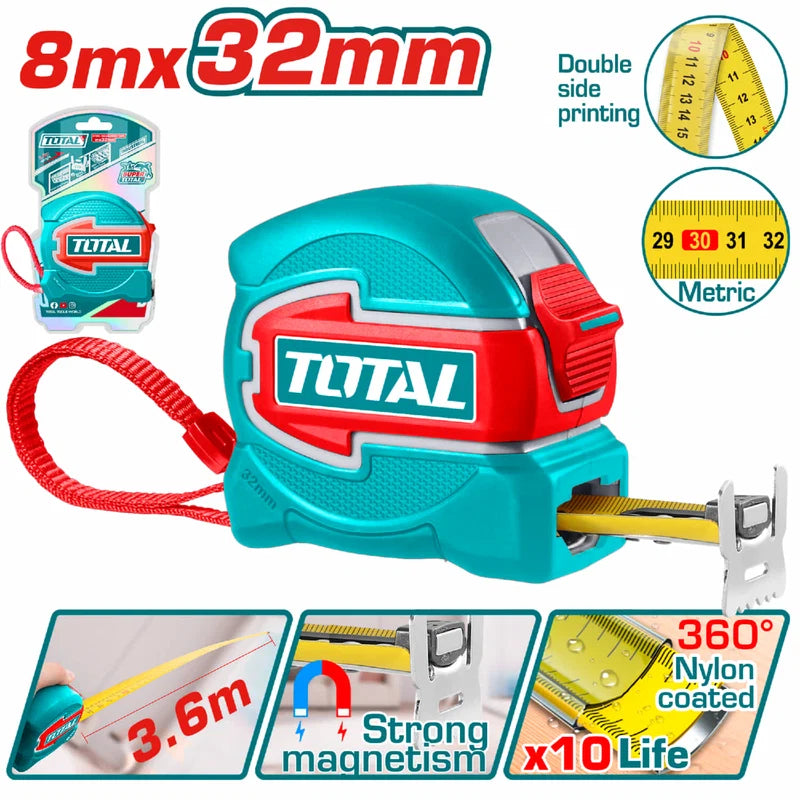 Cinta Métrica 8Mx32mm. Gancho Doble Con Imán. Metros. TMT80832M