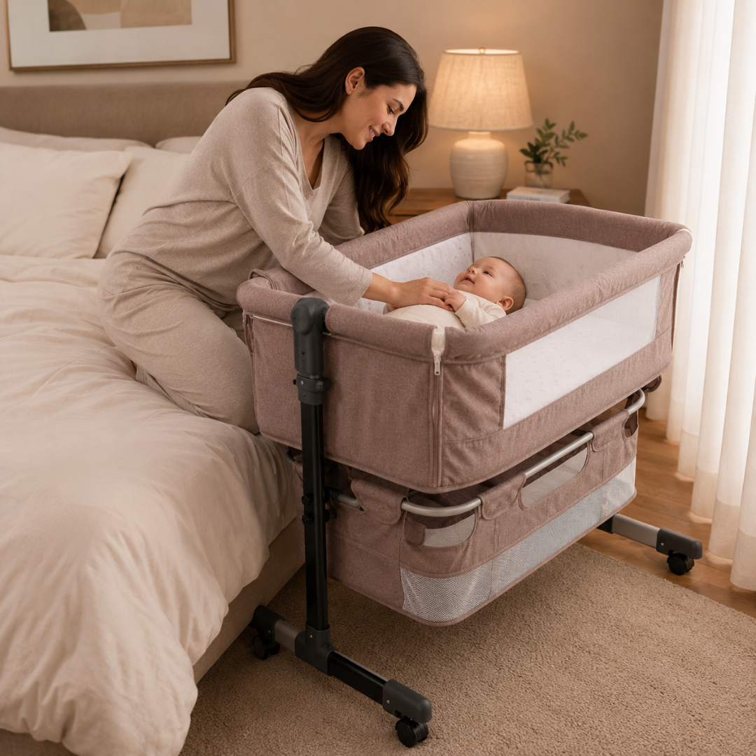 Cuna Colecho Para Bebé Multifuncional Con Ruedas. Cuna Moisés Ajustable En Altura Con Balanceo Y Antirreflujo. Cama Auxiliar Para Dormitorio. Color Beige FSK9972