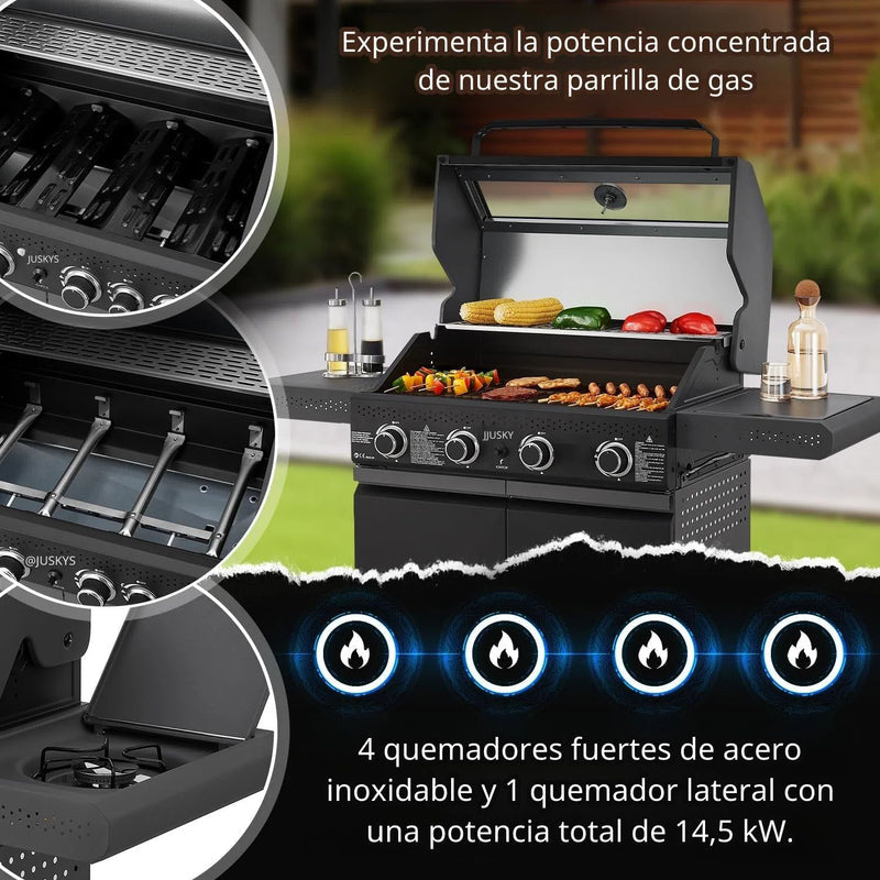 Parrilla BBQ De Gas Con Ventana De Vidrio 122X45x116cm De Hierro Con 4 Quemadores. Asador A Gas UN-A033