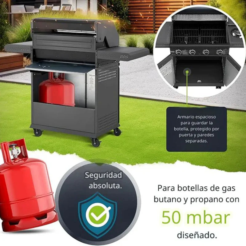 Parrilla BBQ De Gas Con Ventana De Vidrio 122X45x116cm De Hierro Con 4 Quemadores. Asador A Gas UN-A033