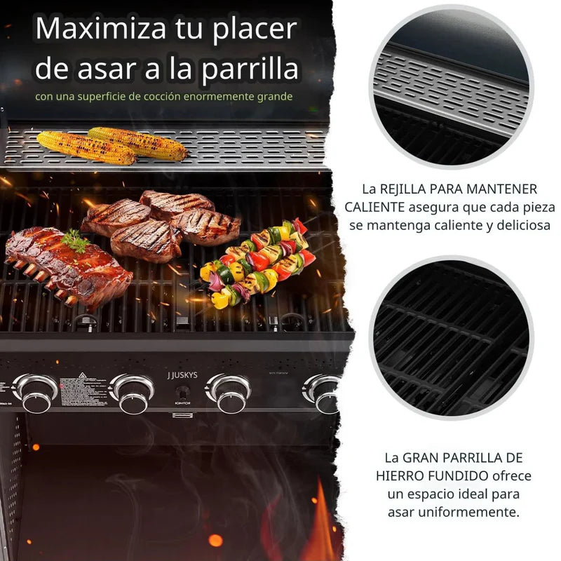 Parrilla BBQ De Gas Con Ventana De Vidrio 122X45x116cm De Hierro Con 4 Quemadores. Asador A Gas UN-A033