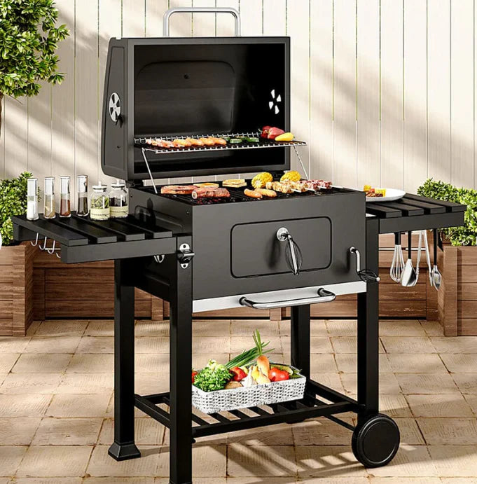 Barbacoa A Carbón Asador. Parrillera Multifuncional: BBQ, Asador Y Ahumador Compacto De Acero Inoxidable. Termómetro Integrado. AB040