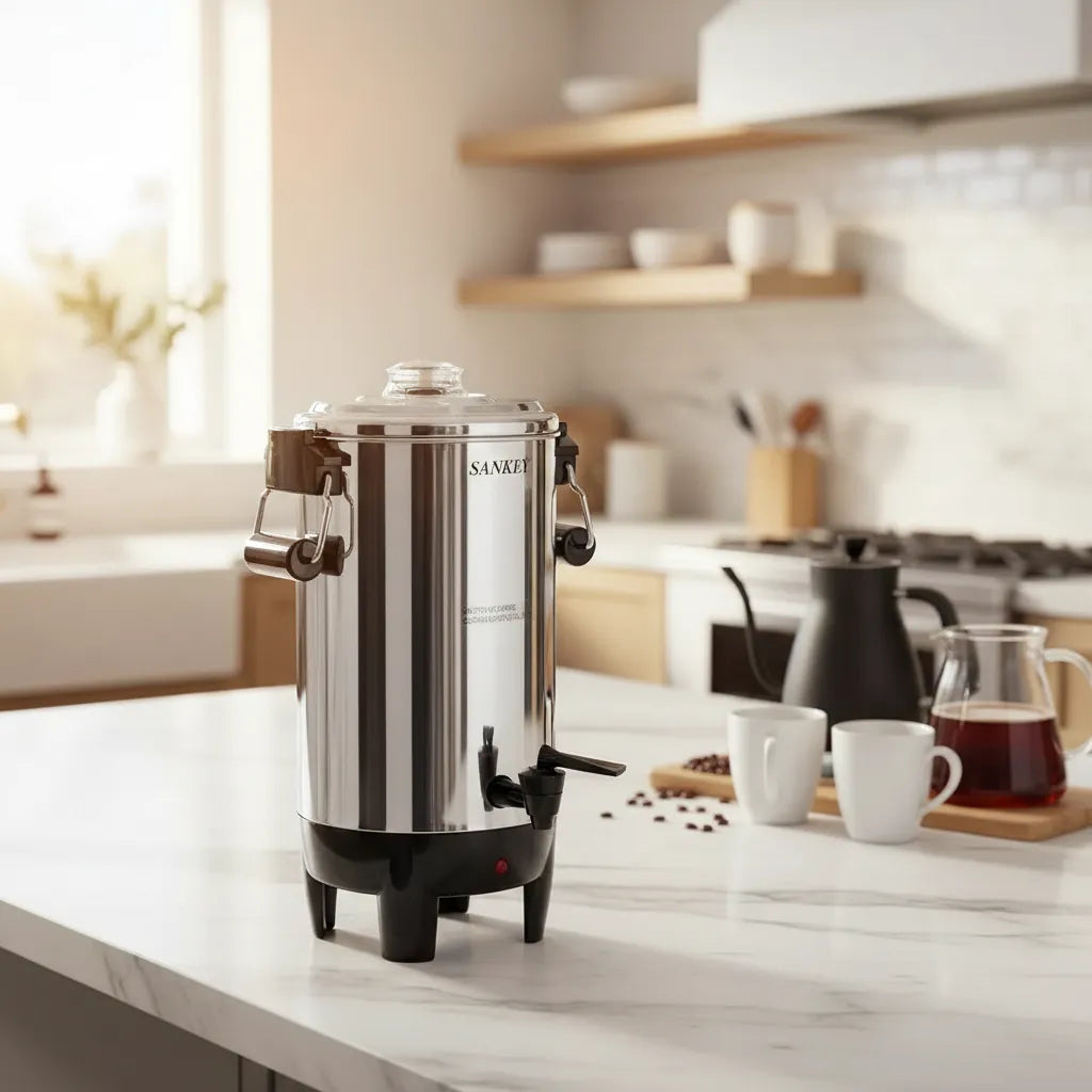 Cafetera Eléctrica Percoladora Sankey de 30 Tazas 1000W en Acero Inoxidable con Grifo Dispensador CM-3012