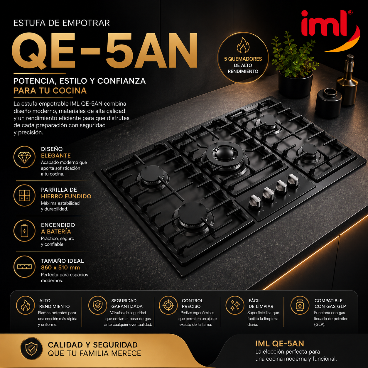 Estufa Empotrable a Gas de 5 Quemadores en Acero Inoxidable Negro 86x51cm IML QE-5AN