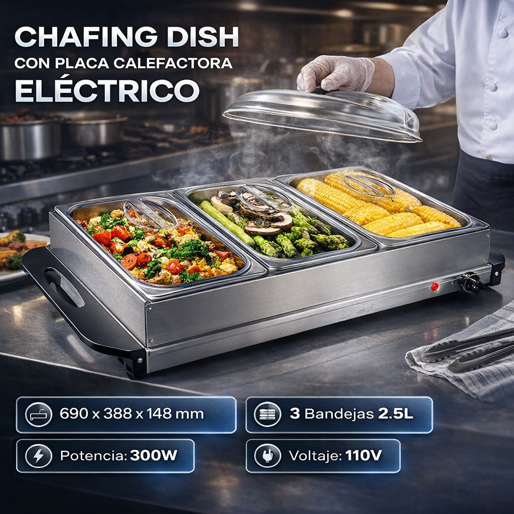 Chafing Dish con Placa Calefactora Eléctrico 3 Compartimentos HVB-300 Buffet.