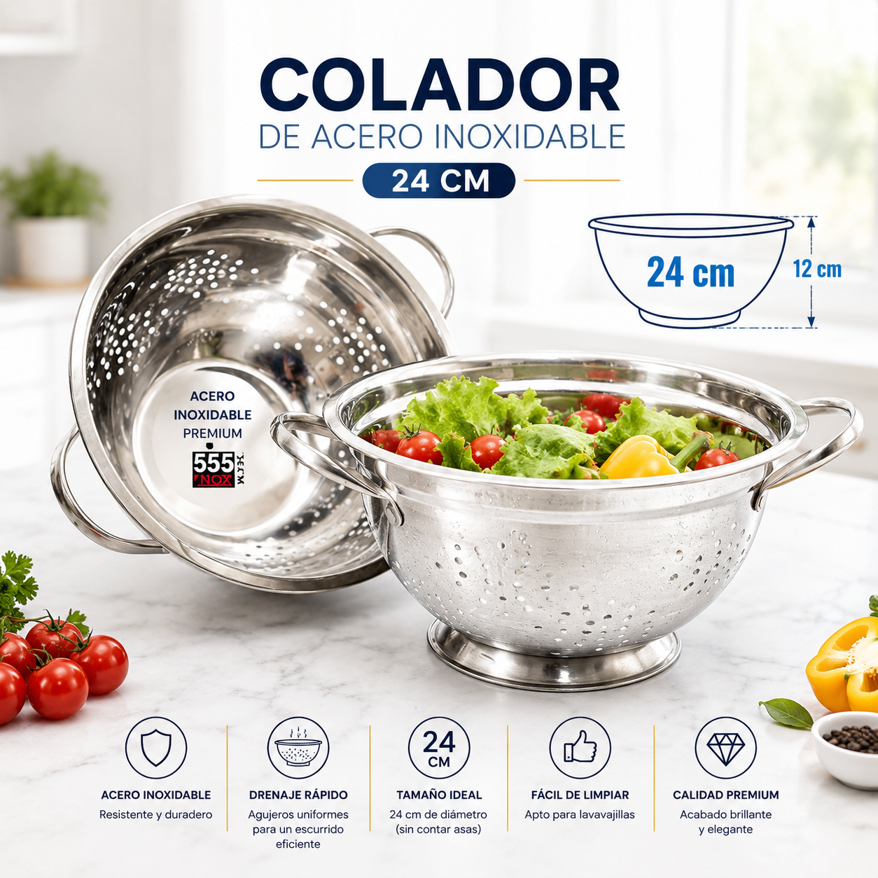 Colador con Agarradero de Acero Inoxidable 24cm 555 GCOL-24