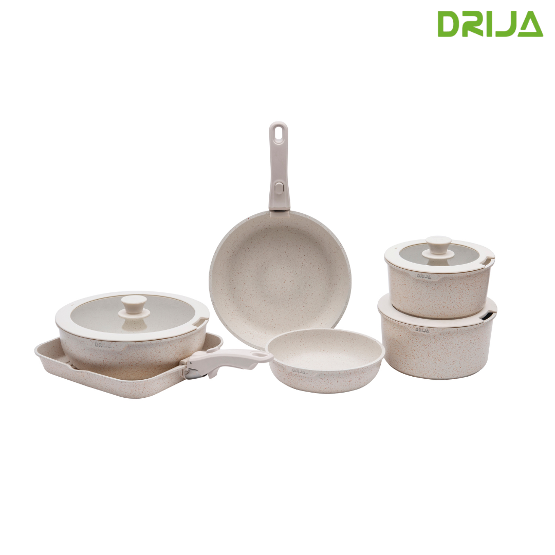 Juego de Ollas y Sartenes 19 Piezas Antiadherente Beige Compatible con Estufa de Inducción Drija BUCATINI 19-S