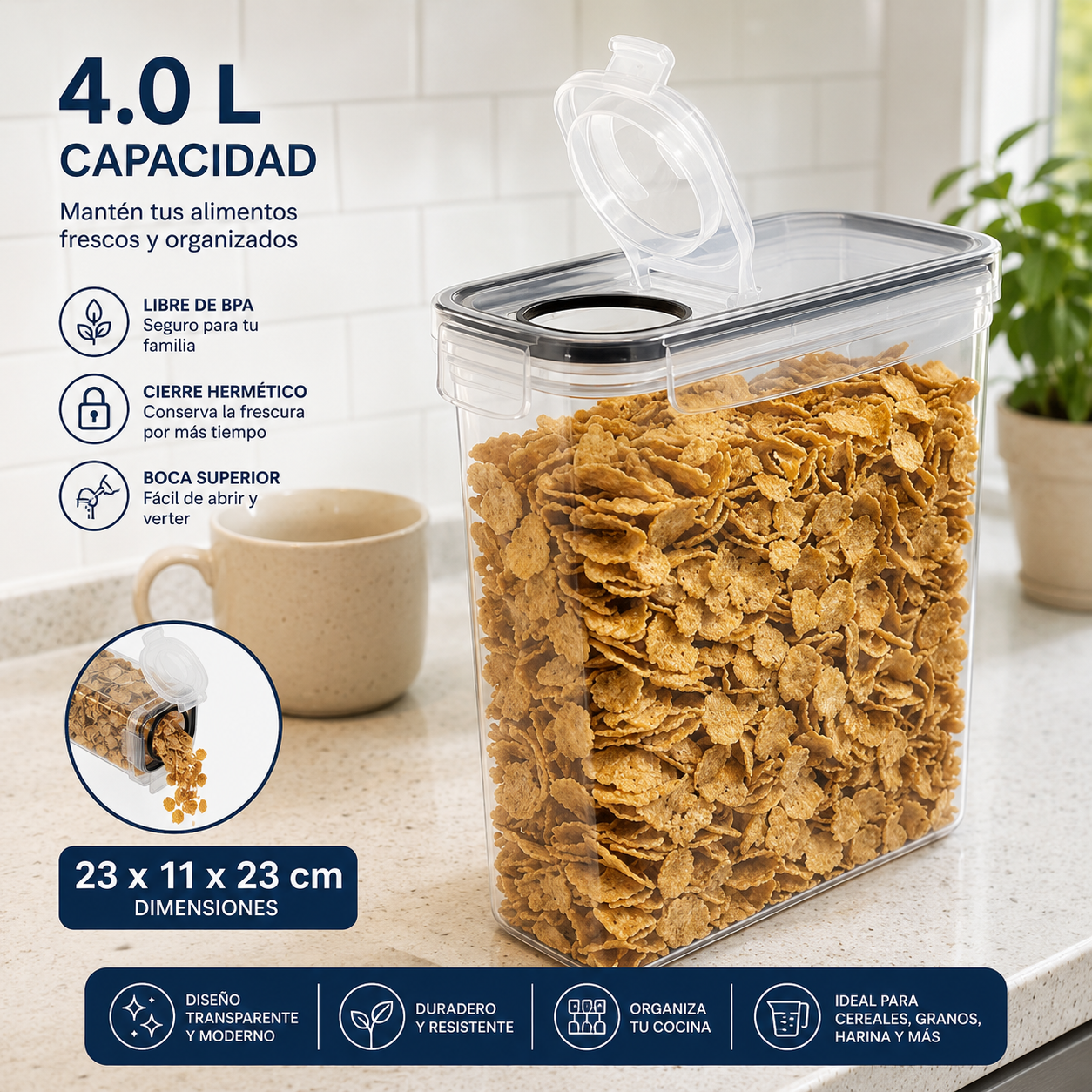 (LLEGANDO 3 DE JULIO) Envase Plástico Hermético 4.0L | Recipiente Transparente para Almacenamiento de Alimentos OM-10151