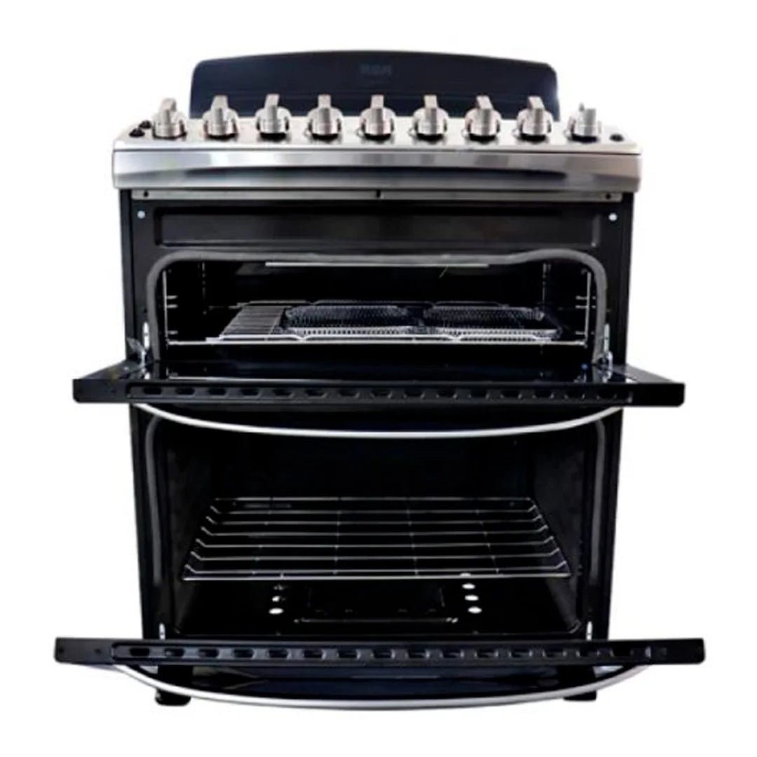 Estufa con Horno a Gas RCA RCCR7650 de 30 Pulgadas con Doble Horno, Air Fryer Integrado, 5 Quemadores y Parrillas de Hierro Fundido en Acero Inoxidable