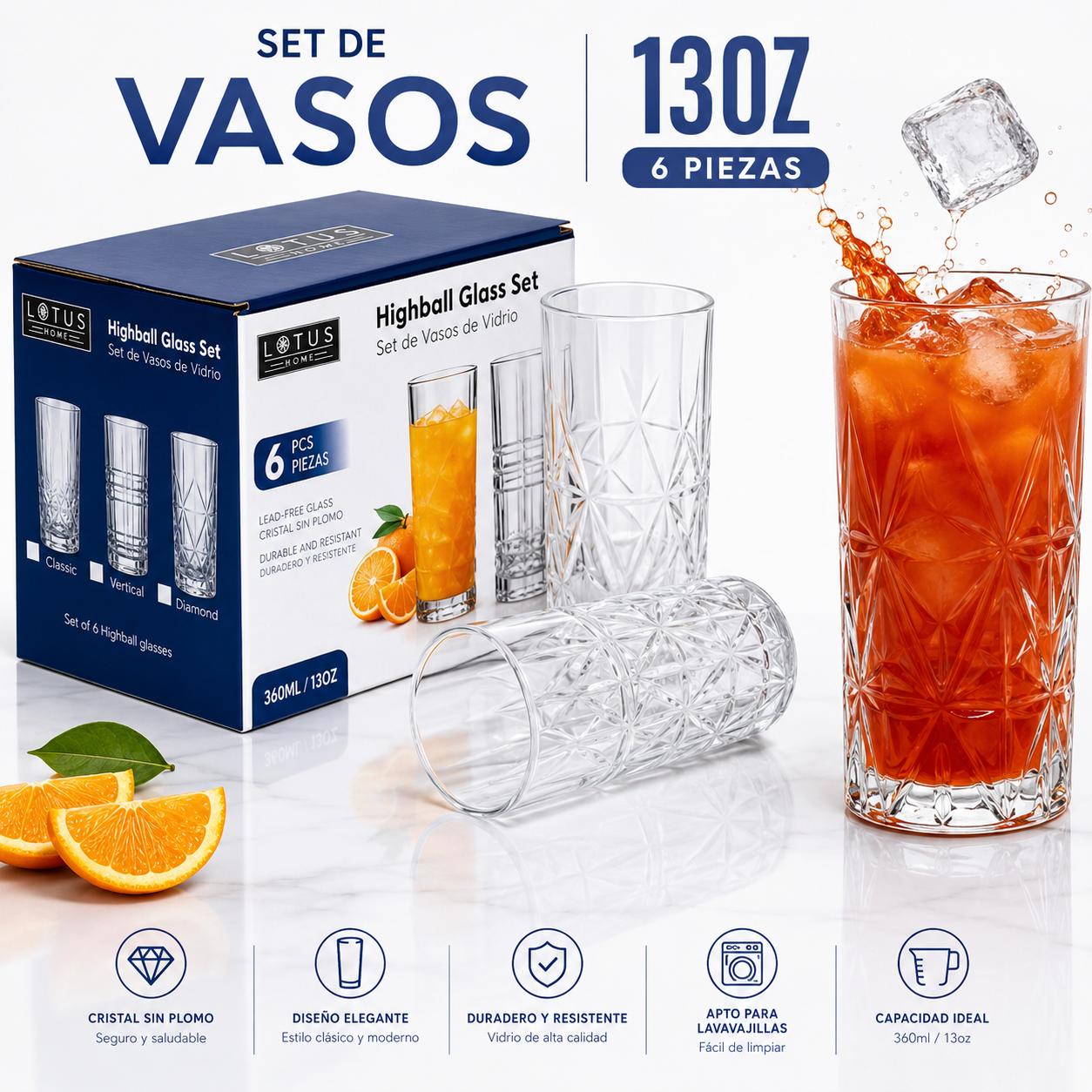 Set de Vasos 6 Piezas de Vidrio 13oz Lotus LHC-B108013