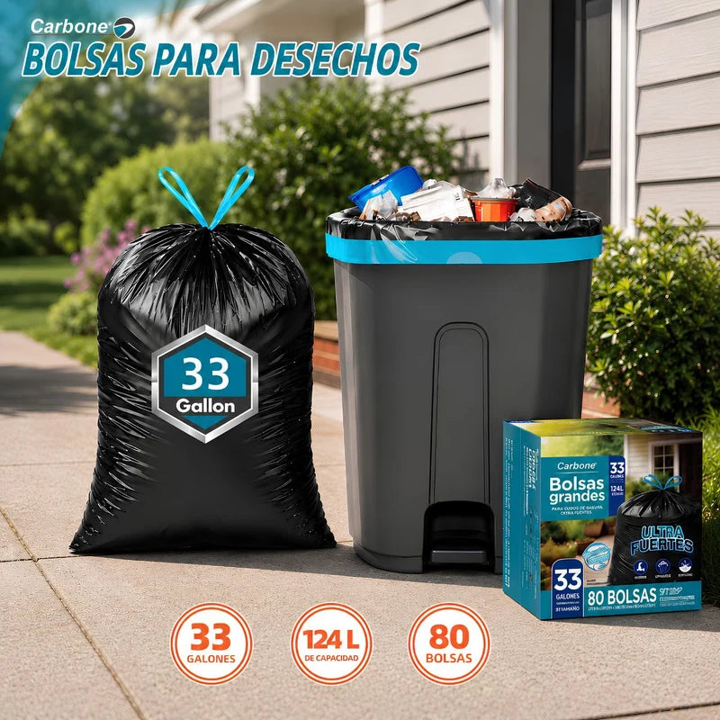 Bolsas De Basura Resistentes 33 Galones (124Lt), (80 Unidades). Cartuchos Tipo Industrial Con Cierre De Cordon (83.8X92.7Cm X 27.9Um). Color Negro AN44