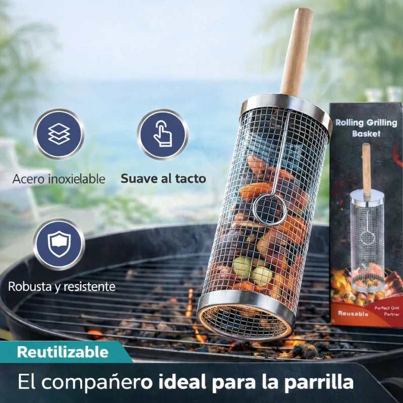 Canasta Cilíndrica Giratoria Para Parrilla De Acero Inoxidable 12” (30Cm) X 9.5 Cm Diametro Reutilizable Para Verduras Y Carnes BBQ. Incluye Gancho. Barbacoa. LT536