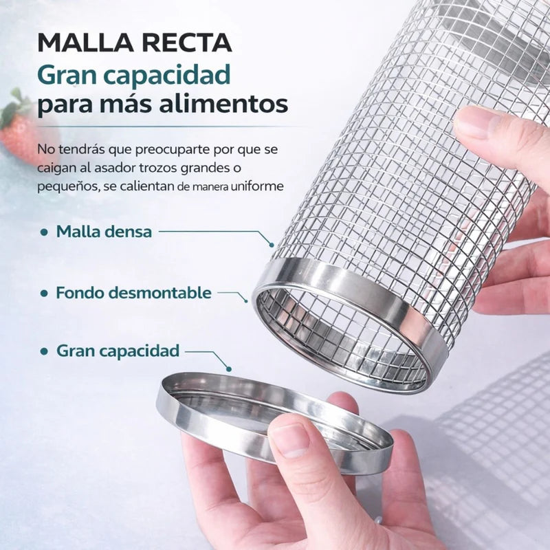 Canasta Cilíndrica Giratoria Para Parrilla De Acero Inoxidable 12” (30Cm) X 9.5 Cm Diametro Reutilizable Para Verduras Y Carnes BBQ. Incluye Gancho. Barbacoa. LT536