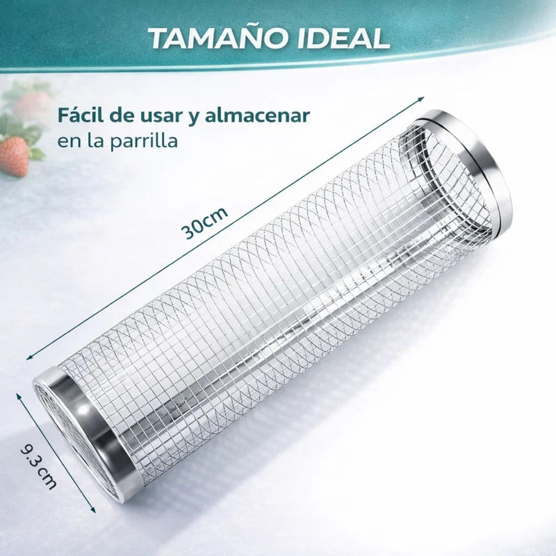 Canasta Cilíndrica Giratoria Para Parrilla De Acero Inoxidable 12” (30Cm) X 9.5 Cm Diametro Reutilizable Para Verduras Y Carnes BBQ. Incluye Gancho. Barbacoa. LT536