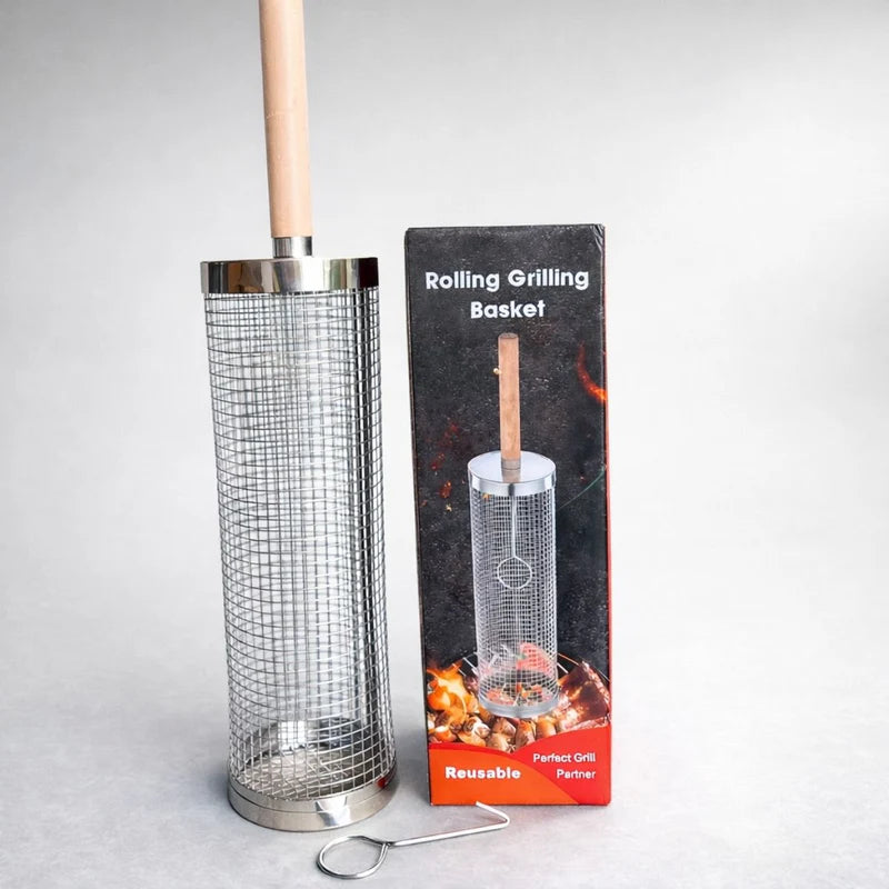 Canasta Cilíndrica Giratoria Para Parrilla De Acero Inoxidable 12” (30Cm) X 9.5 Cm Diametro Reutilizable Para Verduras Y Carnes BBQ. Incluye Gancho. Barbacoa. LT536