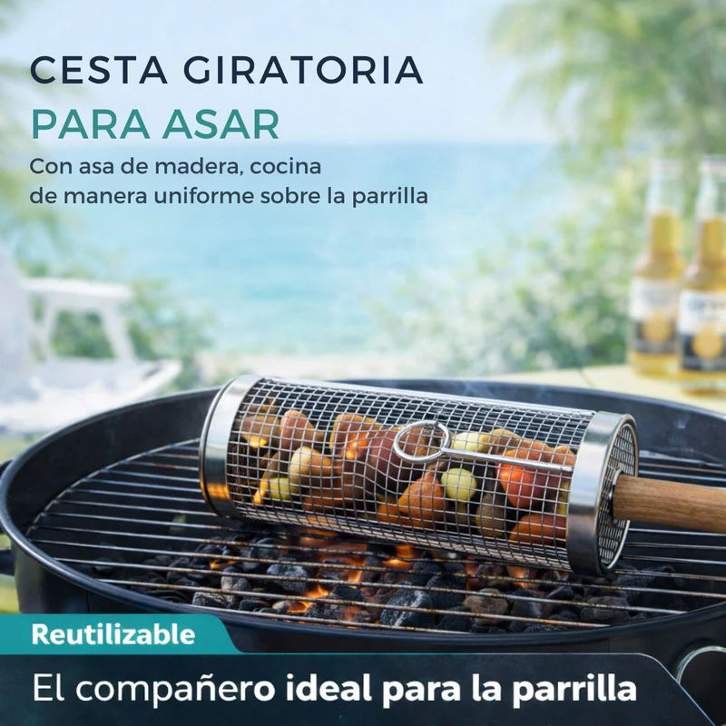 Canasta Cilíndrica Giratoria Para Parrilla De Acero Inoxidable 12” (30Cm) X 9.5 Cm Diametro Reutilizable Para Verduras Y Carnes BBQ. Incluye Gancho. Barbacoa. LT536