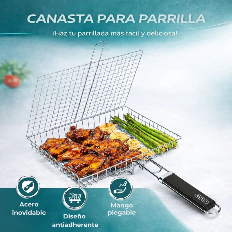 Parrilla Canastilla Cuadrada Para BBQ De Acero Inoxidable 48*33 Aprox Cm Con Mango Antideslizante. Rejilla Doble Para Carne Pescado Verduras Y Alitas. Barbacoa. Grill LT538