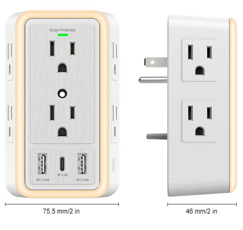 Regleta De Enchufes Para Pared Carbone Con Protector De Sobretensiones Y USB Mas 6 Enchufes Y Lampara Led Touch TSU-001