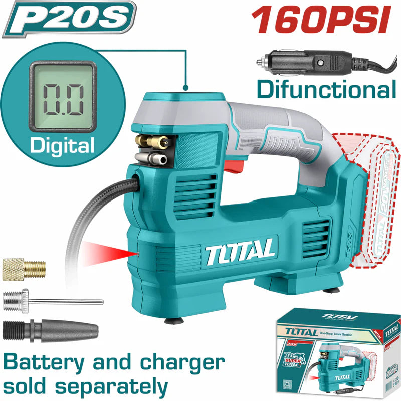 Compresor De Aire Inalámbrico Automático 20V Con Luz LED, Pantalla Digital Y Adaptadores. 160 PSI. No Incluye Batería Ni Cargador. TACLI2012