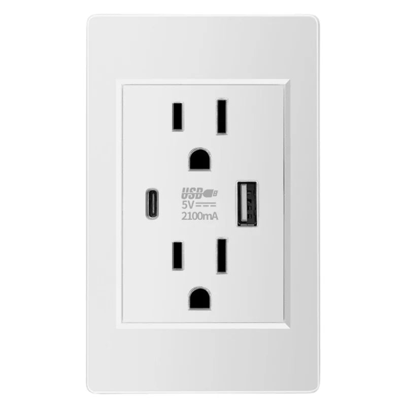 Tomacorriente Doble De Pared Con USB-C Y USB-A 5V 2.1A. Enchufe Eléctrico Con Cargador Para Dispositivos Electrónicos. TU226