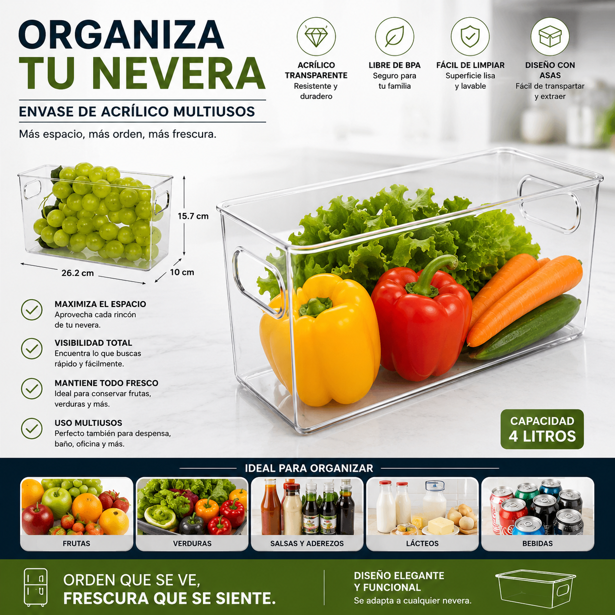 Organizador de Acrílico para Nevera Refrigeradora 26.2x15.7x10cm LHC-9727