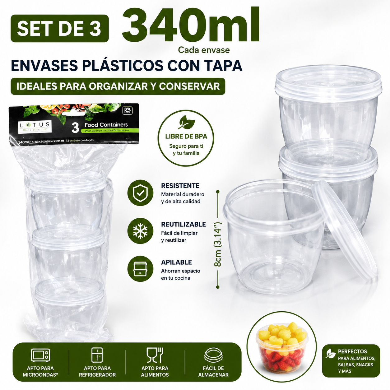 Set 3 Envases Organizador Plásticos 340ml para Almacenar Almacenamiento Lotus 021-73444