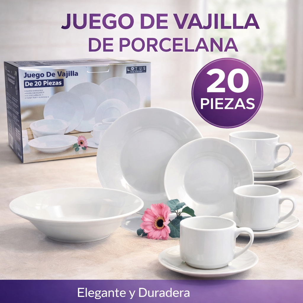 Set de 20 Vajillas de Porcelana Blanco Lotus 335-13W LOTUS