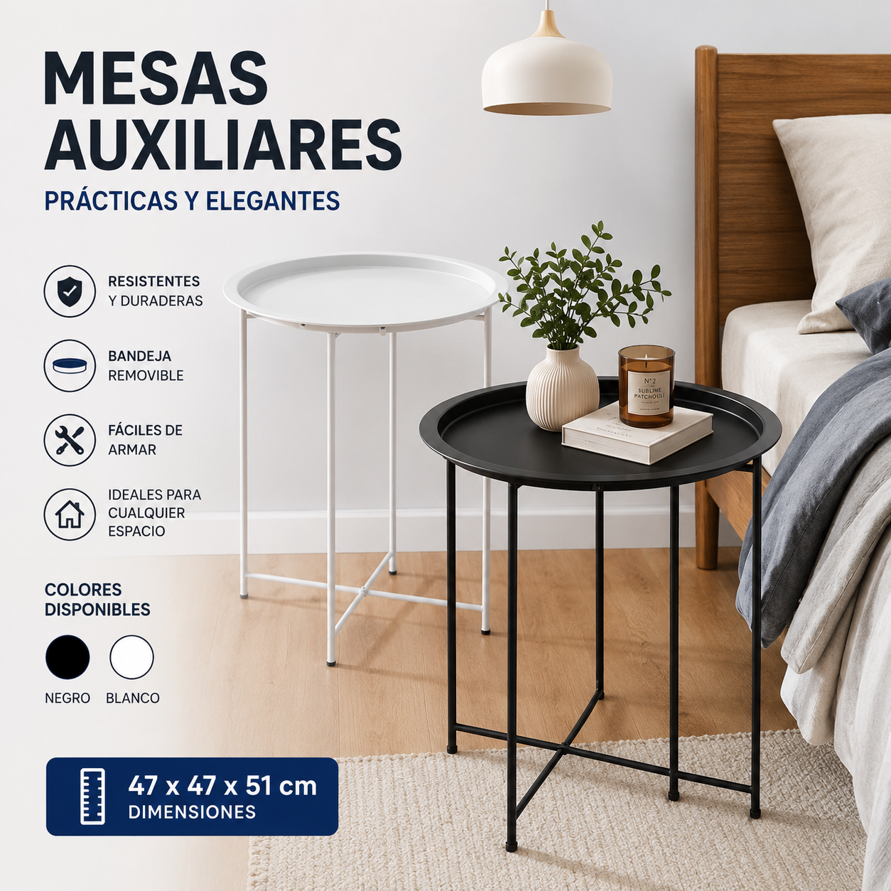 (LLEGANDO 3 DE JULIO) Mesa Auxiliar Redonda Metálica 47x47x51cm | Mesa Decorativa Blanca o Negra para Sala y Dormitorio STUDIO-1019