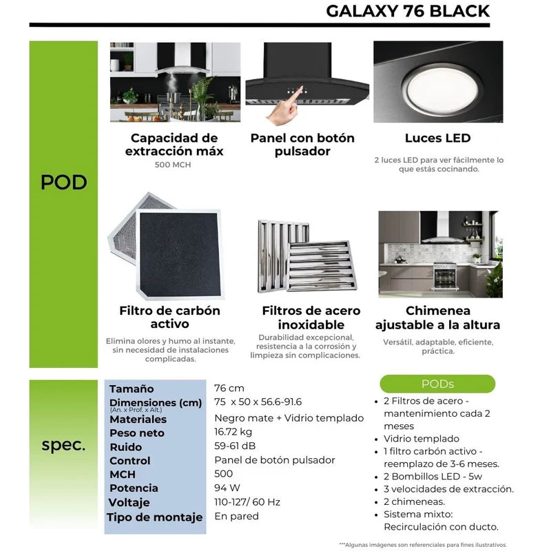 Extractor de Grasa Tipo Campana Negro Mate Galaxy 76 Black Drija