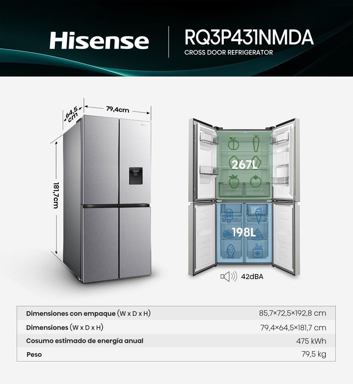 Refrigeradora French Door 14p3 en Acero Inoxidable Inverter con Dispensador de Agua Hisense RQ3P431NMDA