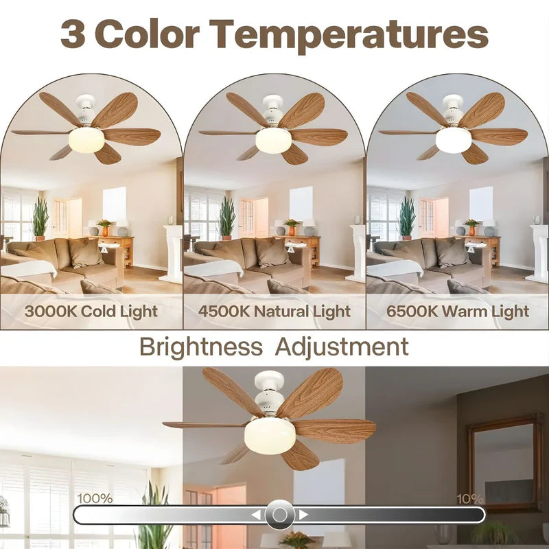 Abanico De Techo 20" Socket E27 Con Luz LED 3 Tonos 3000/4000/6500K, 1900 Lúmenes, 6 Aspas, 3 Velocidades, 520X185mm. Color Madera. AB1505 Selecto
