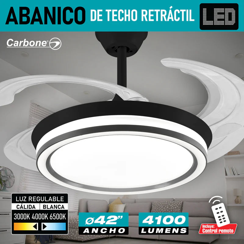 Abanico De Techo Con Lámpara. 3 Tonos De Luz. 42" Ventilador A Control Remoto. Fan 110V Color Negro AN50