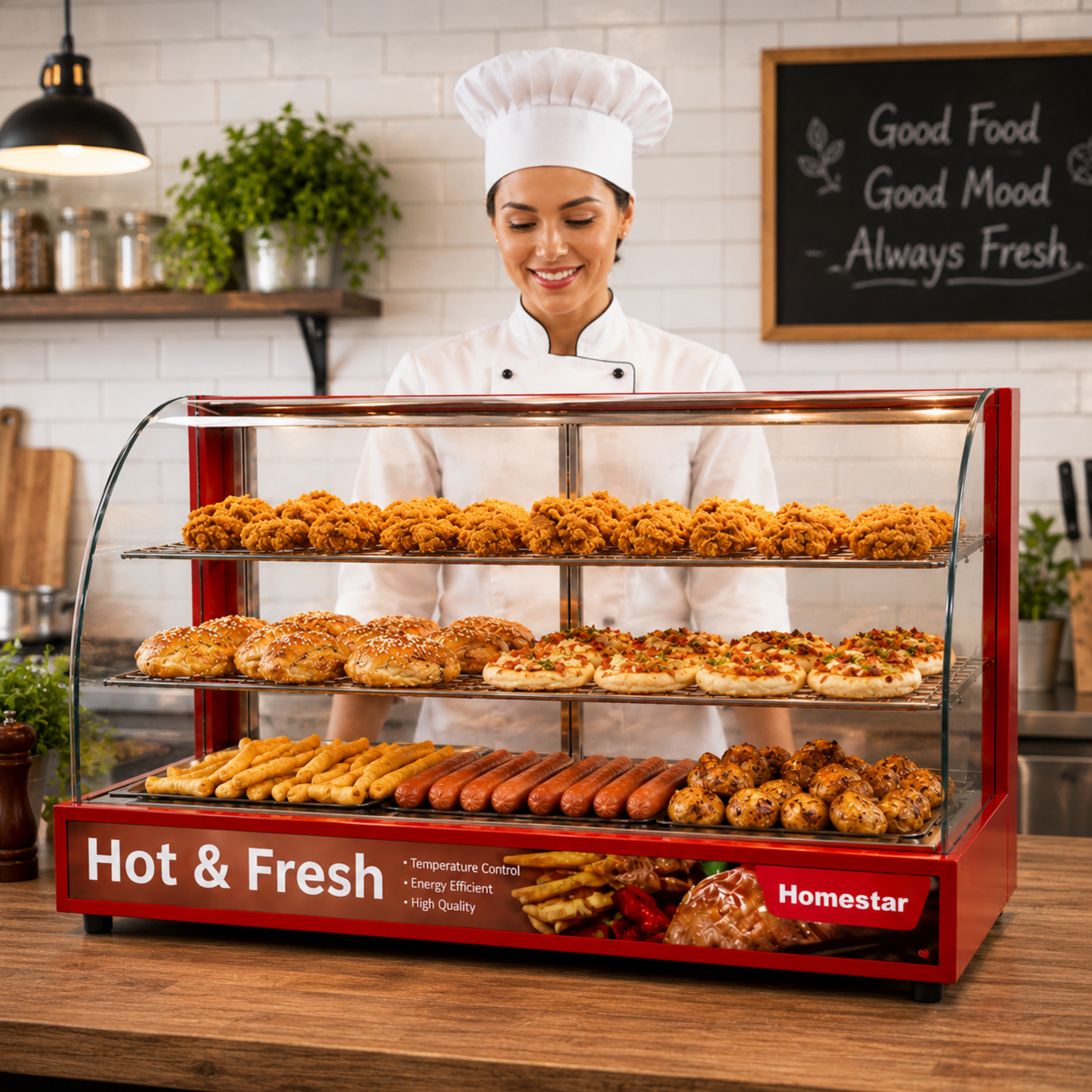 Vitrina Calentador de Alimentos de 4 Bandejas Rojo 1.2kw HS-CFW-1200