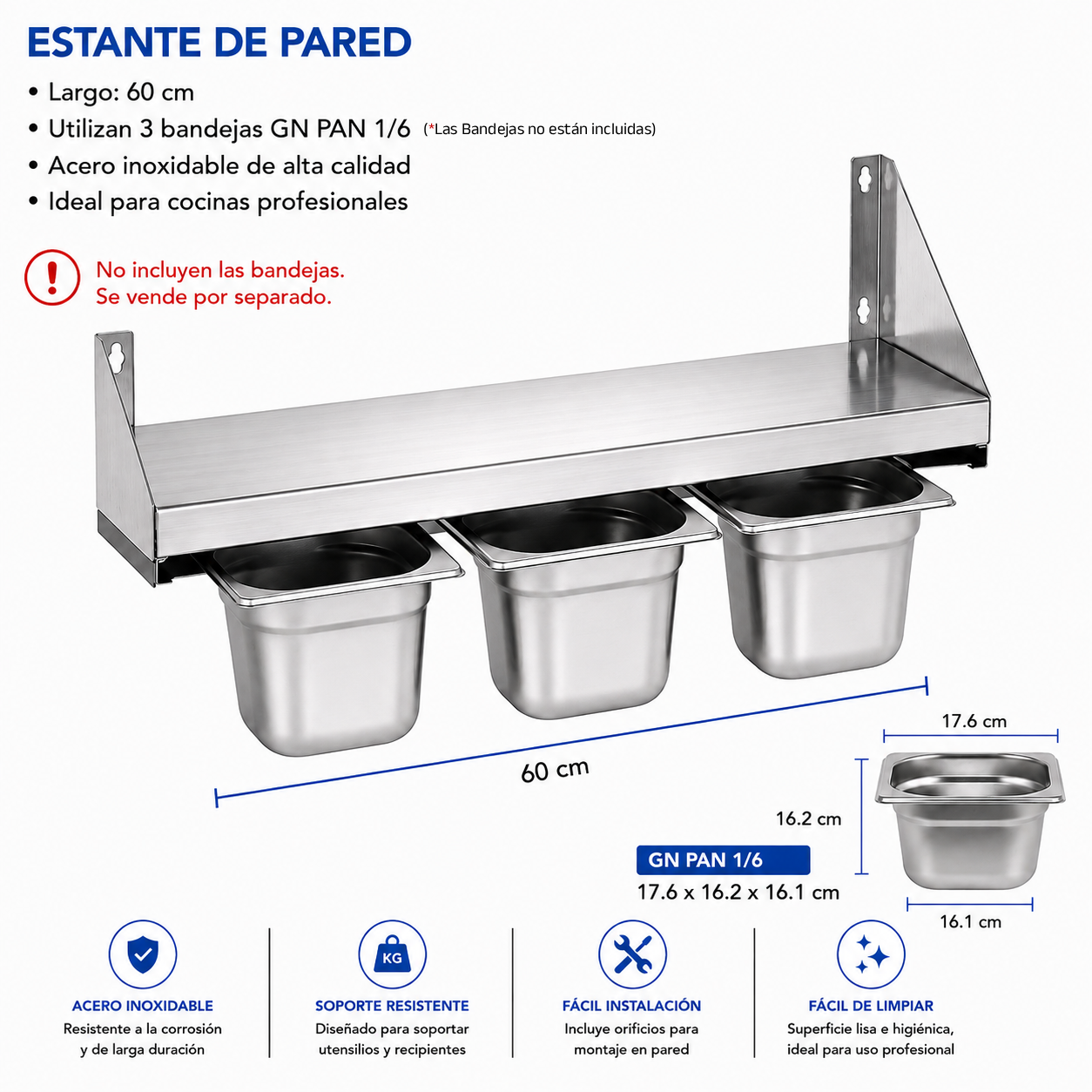 Repisa de Pared con Porta Bandejas GN PAN 1/6 de Acero Inoxidable | Organizador para Cocina Comercial | 60cm | No Incluye las Bandejas |330801