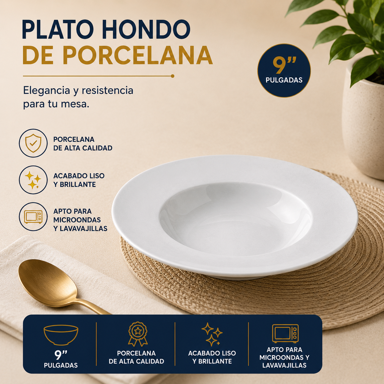 Plato Hondo de Porcelana 9" – Calidad Hotelera y para Restaurante – 705-40072
