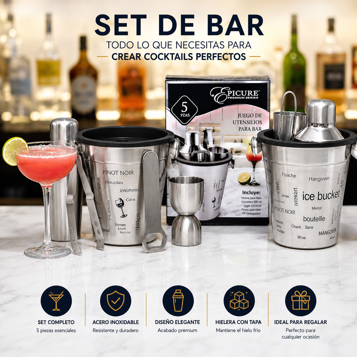 Set de Coctelera para Mezclas 300ml Acero Inoxidable 5 Piezas PBR1039 Coctel. Bar.