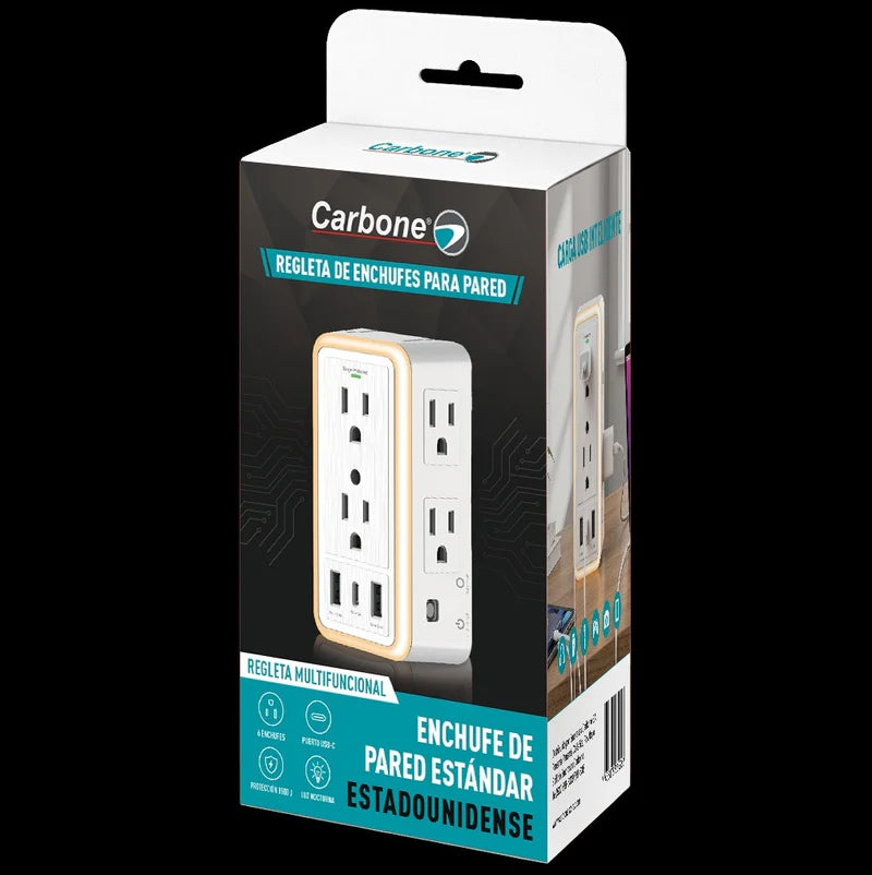 Regleta De Enchufes Para Pared Carbone Con Protector De Sobretensiones Y USB Mas 6 Enchufes Y Lampara Led Touch TSU-001