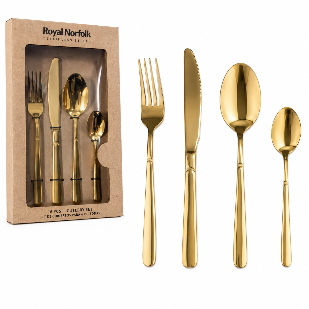 Set de Cubiertos Royal Norfolk de Acero Inoxidable Dorado – 16 Piezas | Calidad de Restaurante y Hotel | 716-05880