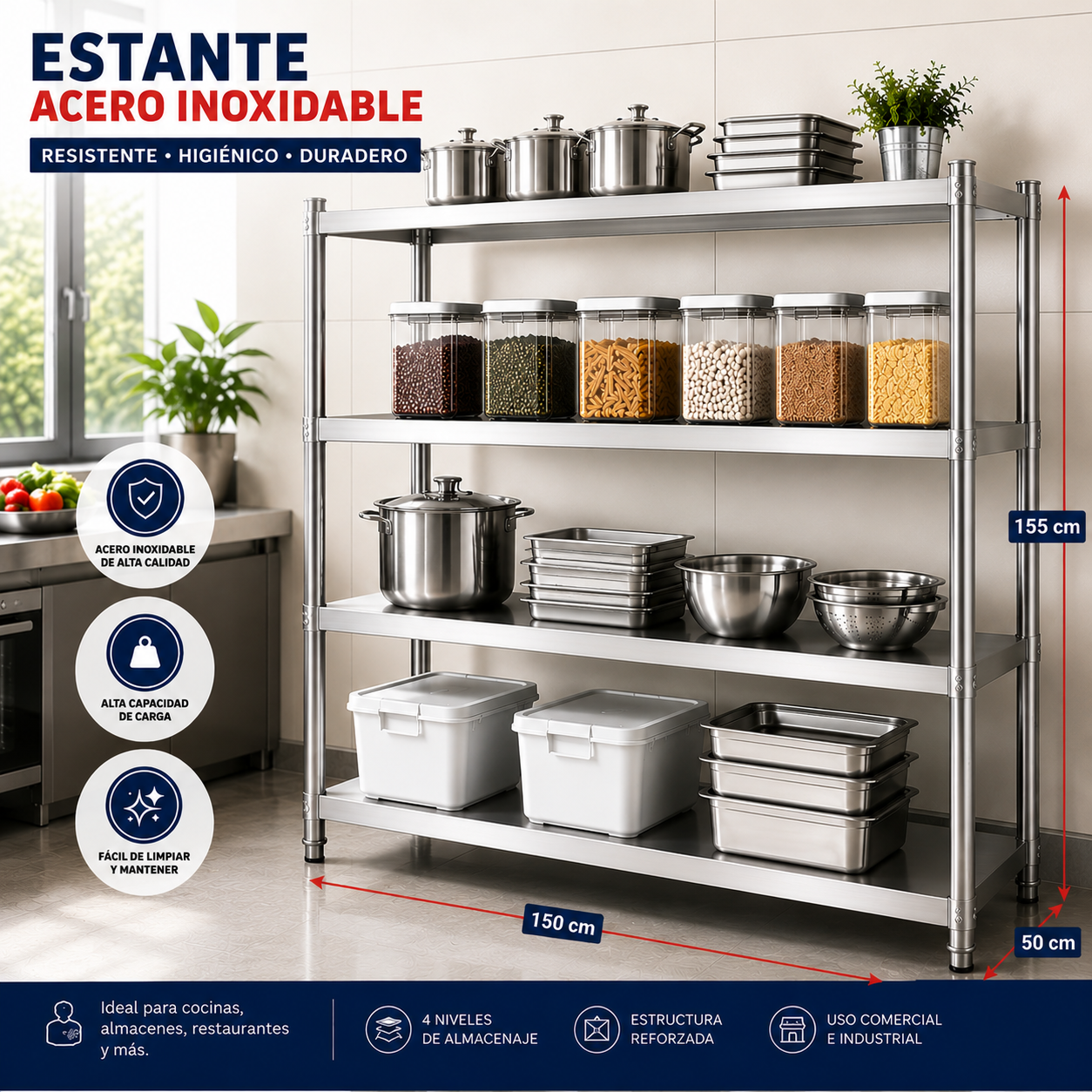 (LLEGANDO 15 DE JULIO) Estante de Acero Inoxidable 4 Niveles 150x50x155cm – Estantería Rack para Cocina, Restaurante y Bodega 320203