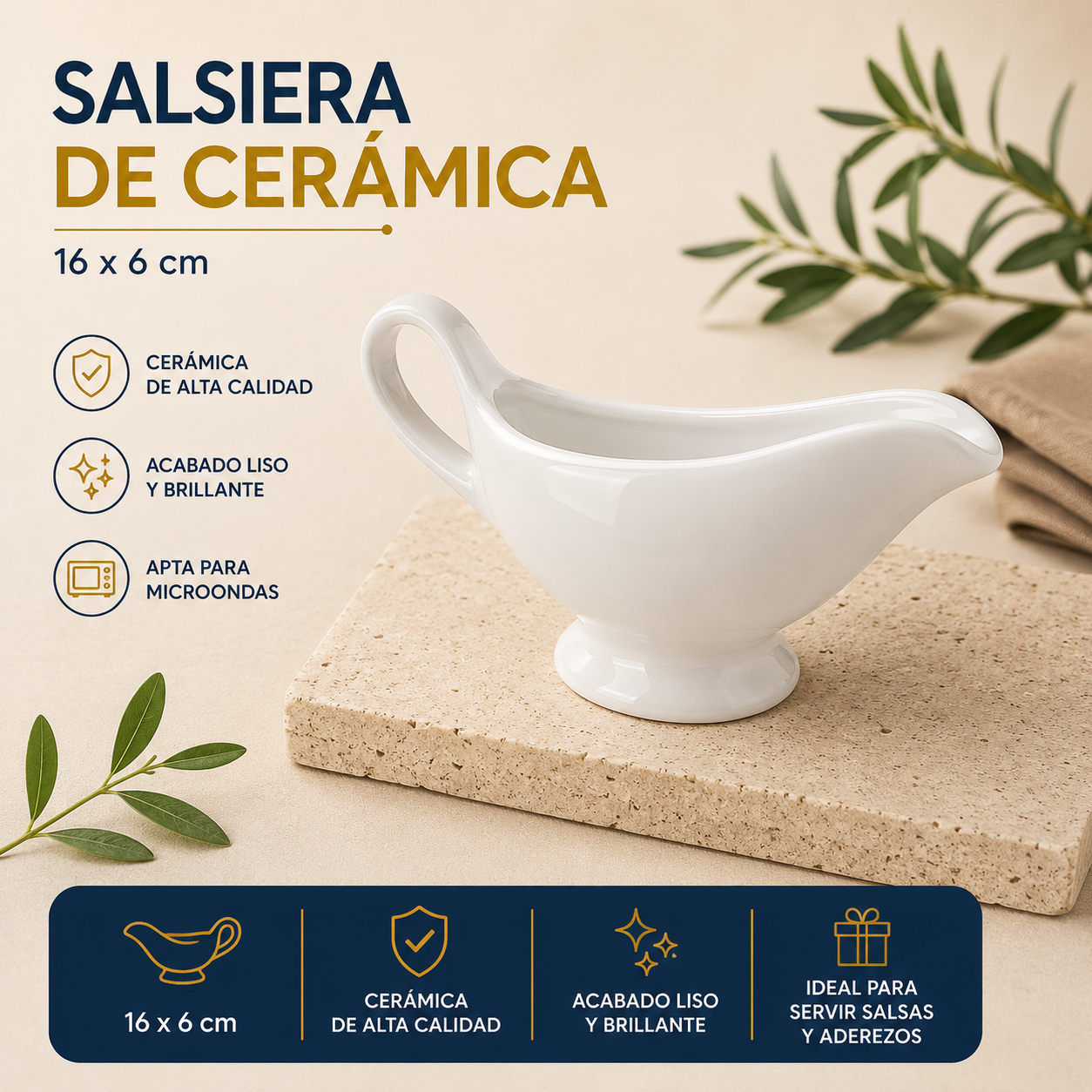 Salsera o Lechera Leche de Cerámica Blanco 16×6cm – 705-40104