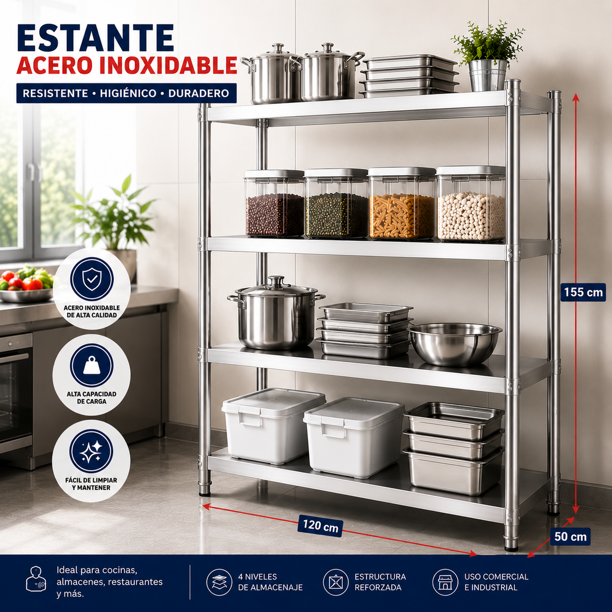 (LLEGANDO 15 DE JULIO) Estante de Acero Inoxidable 4 Niveles 120x50x155cm – Estantería Rack para Cocina, Restaurante y Bodega 320201