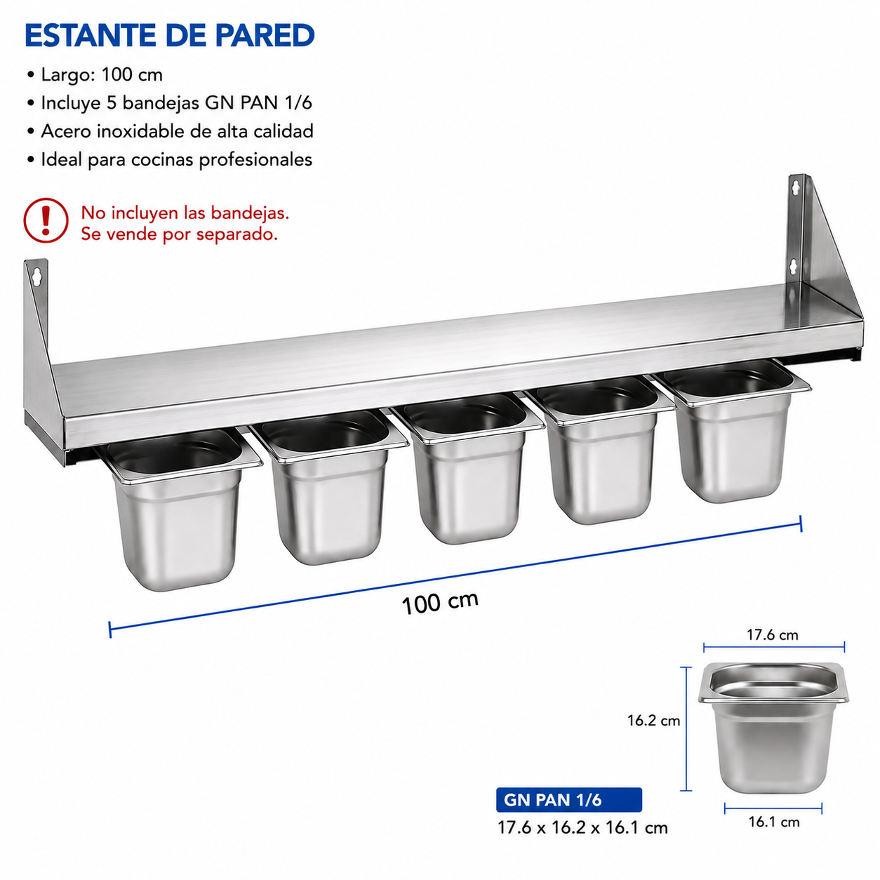 (LLEGANDO 14 DE AGOSTO) Repisa de Pared con Porta Bandejas GN PAN 1/6 de Acero Inoxidable | Organizador para Cocina Comercial | 100cm | No Incluyen las Bandejas | 330803