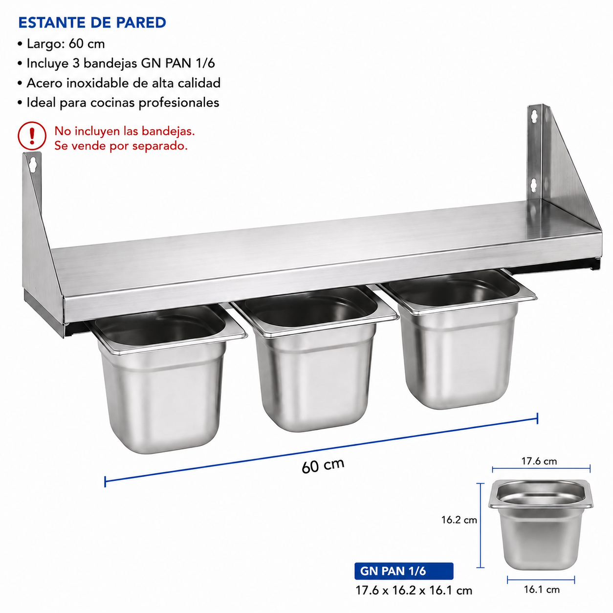 (LLEGANDO 14 DE AGOSTO) Repisa de Pared con Porta Bandejas GN PAN 1/6 de Acero Inoxidable | Organizador para Cocina Comercial | 60cm | No Incluye las Bandejas |330801