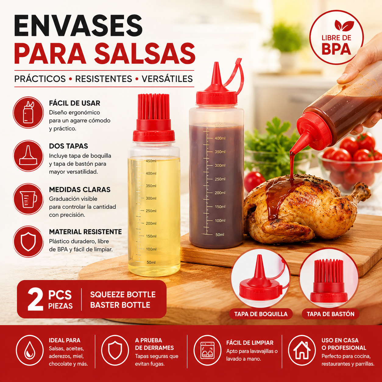 Set 2 Envases Botellas de Salsa para Ketchup Mostaza Mayonesa BBQ 021-73513