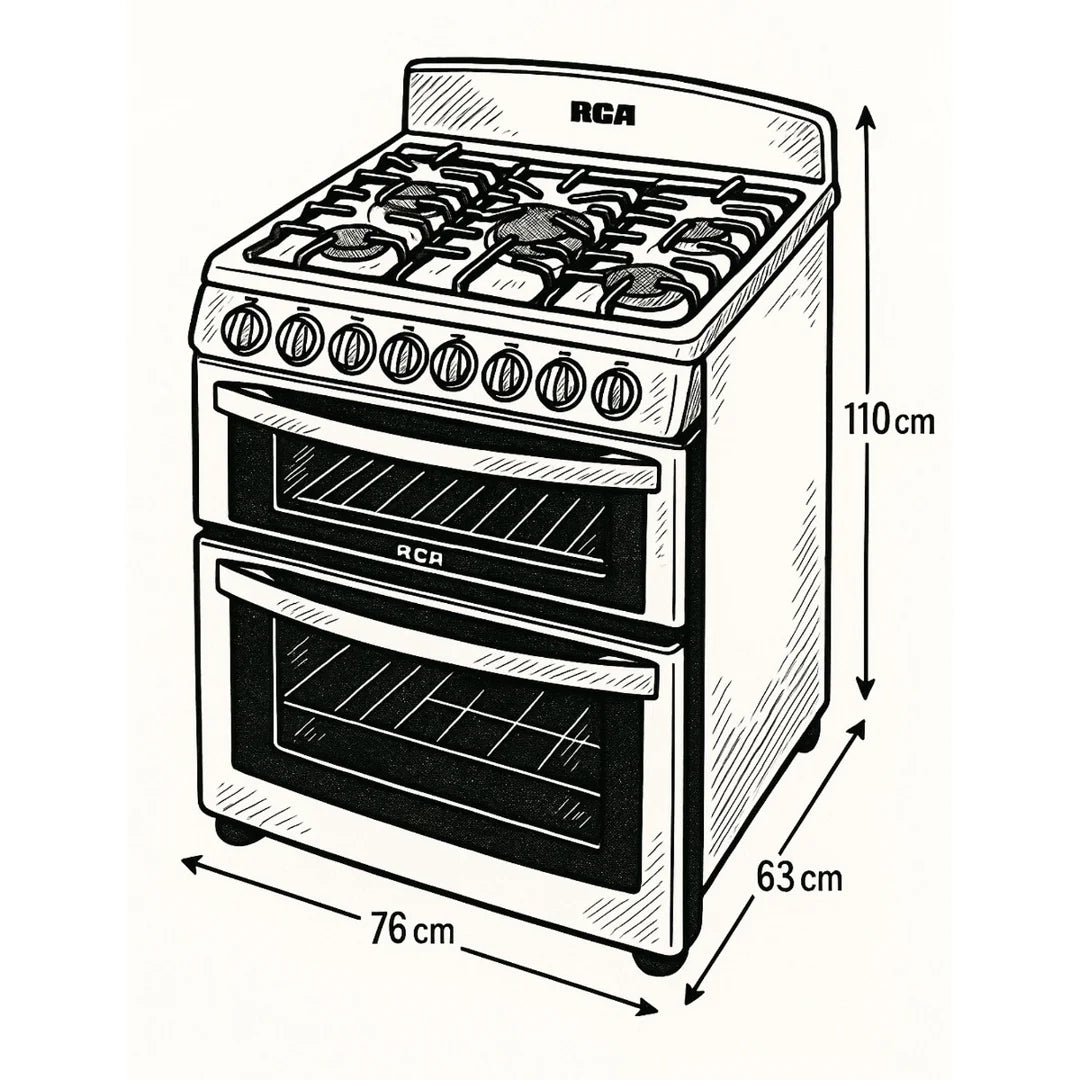 Estufa con Horno a Gas RCA RCCR7650 de 30 Pulgadas con Doble Horno, Air Fryer Integrado, 5 Quemadores y Parrillas de Hierro Fundido en Acero Inoxidable
