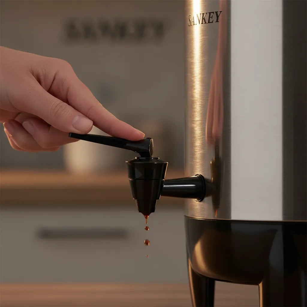 Cafetera Eléctrica Percoladora Sankey de 30 Tazas 1000W en Acero Inoxidable con Grifo Dispensador CM-3012