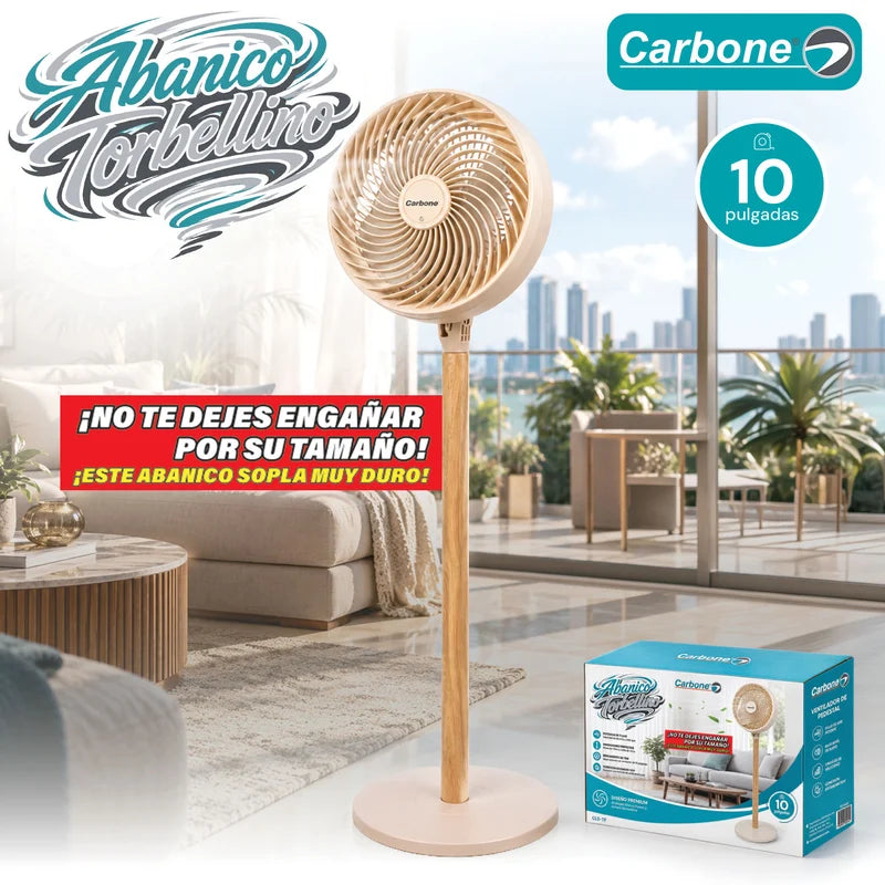 Abanico De Pedestal TORBELLINO FAN 10” 75W Ultra Potente Oscilante Con Altura Ajustable 1.15 M. Ventilador De 2 Velocidades. Color Beige Con Acabado Tipo Madera. TSU340