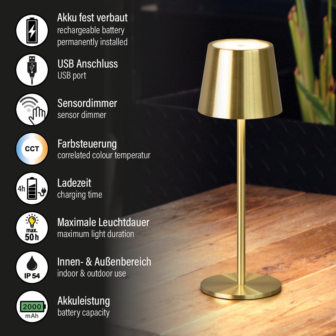 Lámpara LED de Mesa Recargable 23.5cm Dorada para Restaurante Hogar – 604-40570