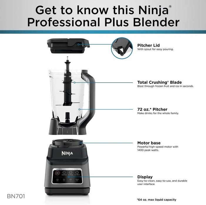 Ninja BN701 licuadora profesional Plus con auto iQ y 64 onzas. Capacidad  máxima de líquido Jarra de trituración total, en gris.